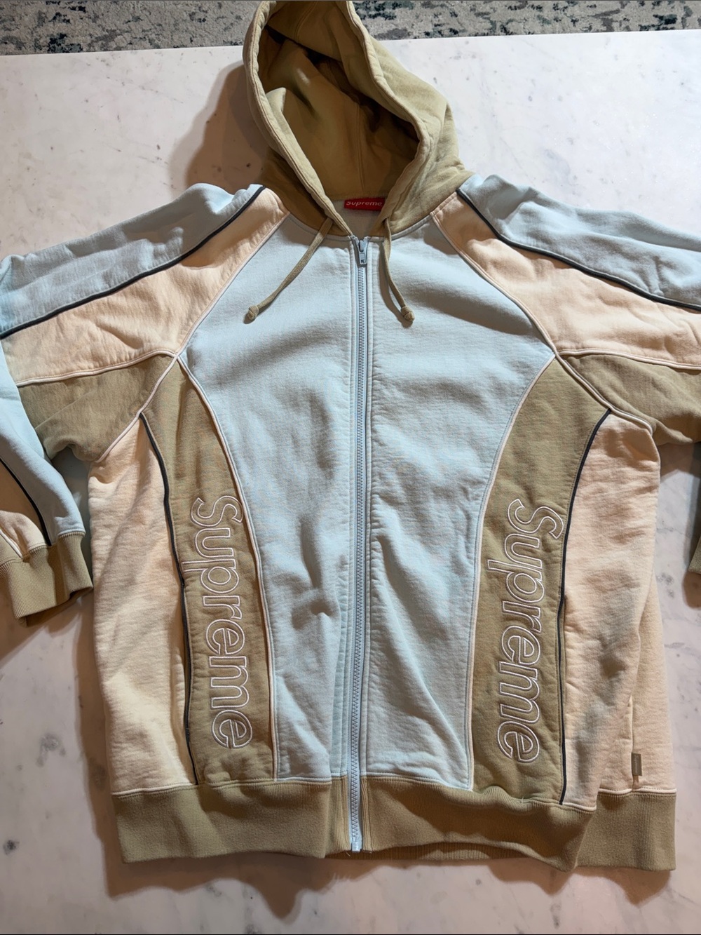 Supreme Pale Blue & Beige Colorblock Zip Hoodie with Embossed Logos - Picture 2 of 9